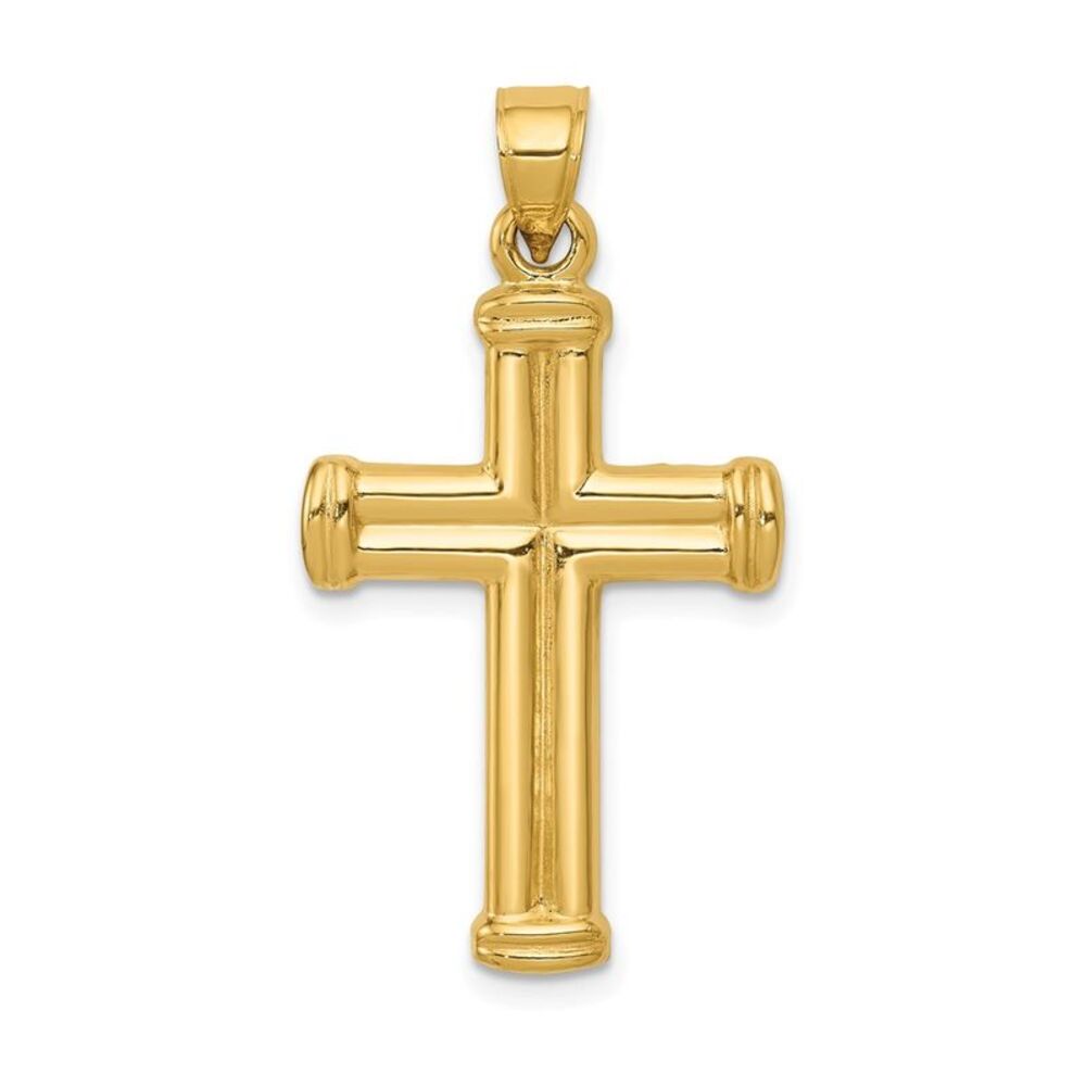 Men's 14k Yellow Gold Hollow 3D Grooved Cross Pendant, 18 x 34mm